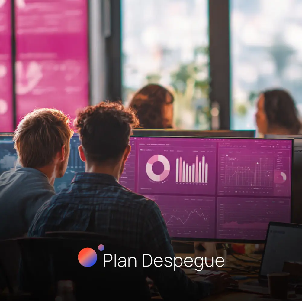 Análisis de métricas y rendimiento digital | Plan Despegue Profesionales de Plan Despegue analizando métricas de marketing digital y reportes de rendimiento en pantallas.