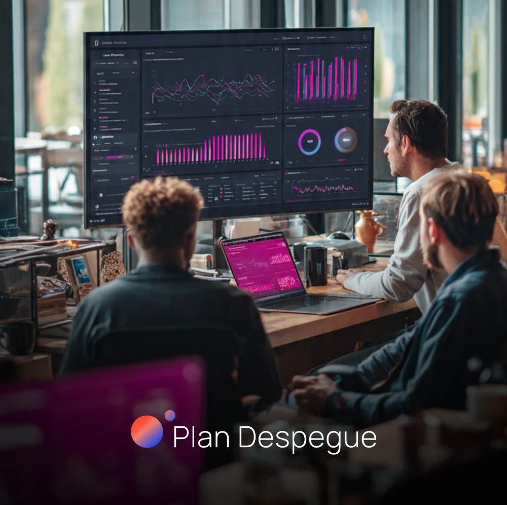 Equipo de análisis de marketing digital | Plan Despegue Equipo de Plan Despegue analizando métricas y resultados de campañas digitales en pantallas y laptops.